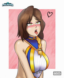  1girls ahe_gao blush brown_hair furia_(paladins) hi-rez_studios light-skinned_female light_skin myst paladins tongue tongue_out yellow_eyes yhw 