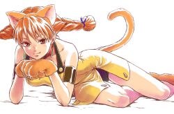  aika_(eternal_arcadia) animal_ears animal_hands bad_id bad_pixiv_id cat_ears cat_paws cat_tail earrings eternal_arcadia female hair_ribbon jewelry kyotuka long_hair lying naughty_face orange_hair ribbon simple_background tail 