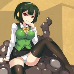  breasts commentary_request female green_hair idolmaster idolmaster_(classic) looking_at_viewer medium_breasts mole mole_under_mouth monster mozu_taiya otonashi_kotori panties pencil_skirt photoshop_(medium) red_eyes short_hair sitting skirt slime_(creature) slime_(substance) smile solo thighhighs underwear white_panties 