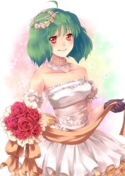  ahoge bare_shoulders bouquet collarbone commentary_request dress female flower gloves green_hair hair_ornament highres holding macross macross_frontier photoshop_(medium) ranka_lee sakura_ran smile solo 