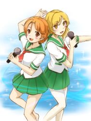  2girls aizawa_natsumi akihisa201 bad_id bad_pixiv_id blonde_hair long_hair microphone mizukoshi_saki multiple_girls music natsuiro_kiseki orange_eyes orange_hair pleated_skirt school_uniform serafuku short_hair singing skirt sparkle yellow_eyes 