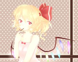  ajiriko bad_id bad_pixiv_id banned_artist bare_shoulders blonde_hair flandre_scarlet food hair_ribbon pocky red_eyes ribbon short_hair solo touhou upper_body wings 