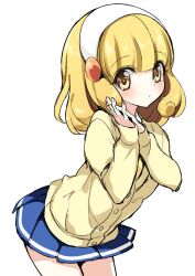  bad_id bad_pixiv_id blonde_hair blush cardigan eyelashes female hairband nanairogaoka_middle_school_uniform own_hands_together pleated_skirt precure school_uniform simple_background skirt smile_precure solo white_background white_hairband yayoi_kise yellow_eyes yukiwo 