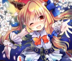  :3 ;d bad_id bad_pixiv_id blonde_hair blush bow chains female flower hairbow horns ibuki_suika kedama_milk long_hair oerba_yun_fang one_eye_closed open_mouth outstretched_arms red_eyes smile solo touhou wrist_cuffs 