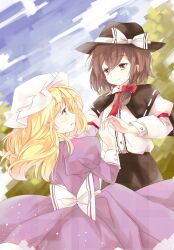  2girls black_capelet blonde_hair brown_eyes brown_hair capelet commentary_request dress dress_shirt hat highres long_sleeves maribel_hearn multiple_girls necktie nishigyou_teraa puffy_sleeves purple_dress purple_eyes ribbon-trimmed_capelet ribbon_trim shirt short_hair smirk touhou trojan_green_asteroid usami_renko 