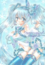  aqua_eyes aqua_hair bad_id bad_pixiv_id blush colored_pencil_(medium) detached_sleeves dress female fur-trimmed_dress fur_trim garter_straps hatsune_miku long_hair marker_(medium) navel saiokuid sample_watermark snowflakes solo thighhighs traditional_media twintails very_long_hair vocaloid watermark yuki_miku yuki_miku_(2012) 