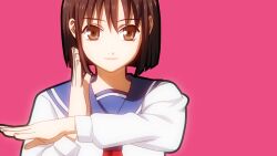  billie brown_eyes brown_hair commentary_request danshi_koukousei_no_nichijou female habara_(danshi_koukousei) joshi_kousei parody photoshop_(medium) school_uniform serafuku short_hair solo 