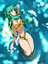  animal_print bikini breasts commentary_request elf female large_breasts long_hair looking_at_viewer lum partially_submerged pointy_ears solo swimsuit takase_muh tiger_print urusei_yatsura water 