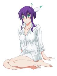  aquarion_(series) aquarion_evol bottomless commentary_request dress_shirt female green_eyes mikono_suzushiro purple_hair shirt sitting sleeves_rolled_up solo touryou yokozuwari 