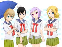  4girls aqua_eyes bad_id bad_pixiv_id black_hair blonde_hair blue_eyes brown_hair chama fnc_(upotte!!) hair_ornament l85a1_(upotte!!) m16a4_(upotte!!) multiple_girls photoshop_(medium) red_eyes school_uniform serafuku sg550_(upotte!!) short_hair silver_hair umbrella upotte!! 