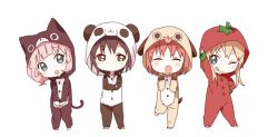  4girls :d :q ;q ^_^ akaza_akari animal_costume bad_id bad_pixiv_id black_hair blonde_hair blue_eyes blush_stickers brown_eyes buttons cat_costume chibi closed_eyes commentary_request crossed_arms dog_costume full_body funami_yui leg_up multiple_girls namori one_eye_closed open_mouth pajamas panda_costume pink_hair red_hair simple_background smile standing tomato_costume tongue tongue_out toshinou_kyouko v v_arms white_background yoshikawa_chinatsu yuru_yuri 