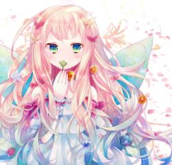  aqua_eyes arm_up bare_shoulders blue_dress blush bow clover commentary_request dress fairy_wings female flower four-leaf_clover hair_flower hair_ornament hairbow hand_to_own_mouth ibara_riato long_hair original pink_hair solo upper_body wings wrist_cuffs 