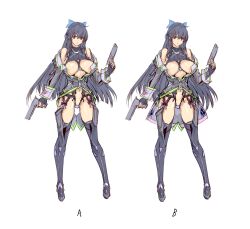  black_gloves black_hair boots bow breasts center_opening chest_harness cleavage commentary_request female fingerless_gloves garter_belt gloves gun hairbow harness highres jacket large_breasts leotard long_hair navel original q_azieru red_eyes reference_sheet revealing_clothes standing thigh_boots thighhighs weapon 