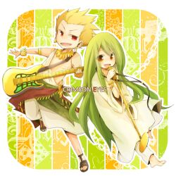  2boys androgynous blonde_hair bracelet chibi commentary_request english_text enkidu_(fate) fate/stay_night fate/strange_fake fate_(series) gilgamesh_(fate) green_eyes green_hair guitar instrument jewelry long_hair male_focus microphone multiple_boys necklace official_alternate_costume otoko_no_ko red_eyes robe sandals shio_kuzumochi short_hair toga 