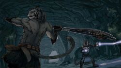  2boys animal_ears aqua_eyes armor axe battle belt bow cat_ears cave commentary_request furry furry_male gauntlets hood khajiit kyatune lightning magic multiple_boys pouch robe tail the_elder_scrolls the_elder_scrolls_v:_skyrim topless_male weapon 