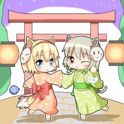  2girls :&gt; alice_margatroid alternate_costume animal_ears bag bagged_fish balloon blue_eyes blush_stickers bow braid cat_ears cat_tail chibi commentary_request fish fox_ears fox_tail from_behind full_moon goldfish hairbow headband izayoi_sakuya japanese_clothes kemonomimi_mode kimono lantern long_sleeves mask moon multiple_girls night one_eye_closed path red_eyes road sky standing standing_on_one_leg star_(sky) starry_sky tail torii touhou tree twin_braids umi_suzume water_yoyo wide_sleeves yukata 