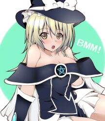  :o adapted_costume bare_shoulders blonde_hair blush breasts character_name commentary_request cosplay dark_magician_girl dark_magician_girl_(cosplay) duel_monster female gloves hat kirisame_marisa labaha large_breasts long_hair looking_at_viewer open_mouth pentacle pentagram solo touhou witch_hat yellow_eyes yu-gi-oh! 