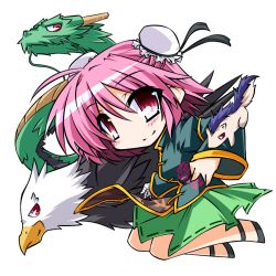  adapted_costume ahoge bandages bird chibi commentary_request double_bun dragon eagle eastern_dragon female flower full_body hair_bun hemogurobin_a1c ibaraki_kasen jumping koutei_(touhou) kume_(touhou) legs_up long_sleeves looking_at_viewer mukou_(touhou) pink_eyes pink_flower pink_hair pink_rose raijuu rose skirt smile solo tabard touhou transparent_background vest wide_sleeves 