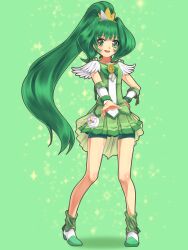  bike_shorts bike_shorts_under_skirt boots choker commentary_request cure_march female green_background green_eyes green_hair green_skirt green_theme highres long_hair magical_girl midorikawa_nao no_choker open_mouth ponytail precure skirt smile smile_precure solo tiara touboku tri_tails very_long_hair wrist_cuffs 