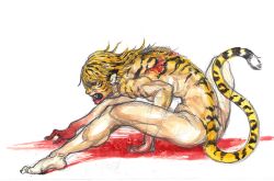  bad_id bad_pixiv_id barefoot blood clenched_teeth female kobuushi nude painting_(medium) photoshop_(medium) pose solo tail teeth tiger toramaru_shou toramaru_shou_(tiger) touhou traditional_media transformation watercolor_(medium) 