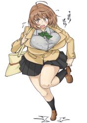  :o adjusting_clothes adjusting_shoe ahoge bag black_socks blazer blush bow bowtie breasts brown_eyes brown_hair commentary_request female flying_sweatdrops full_body huge_breasts jacket komusou_(jinrikisha) loafers ooba_minori original pleated_skirt running school_uniform shoes shoulder_bag skirt socks solo standing standing_on_one_leg sweat sweatdrop thighs white_background 