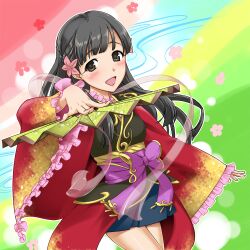  :d black_eyes black_hair blush commentary_request female flower folding_fan hair_flower hair_ornament hand_fan idolmaster idolmaster_cinderella_girls japanese_clothes kobayakawa_sae long_hair open_mouth photoshop_(medium) skirt smile solo t-hiko 