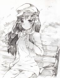  bench bow bowtie breasts cabbie_hat commentary female ge-b graphite_(medium) greyscale hat highres ikezawa_hanako jacket katawa_shoujo long_hair looking_at_viewer monochrome no_scar small_breasts smile solo traditional_media 