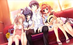  1boy 4girls :d ^_^ ahoge amahara_miyabi ariko_youichi bag blonde_hair blue_hair bow braid breasts casual cleavage closed_eyes dress_shirt flower game_cg hair_intakes hair_ornament hair_ribbon hairband handbag harem holding_another&#039;s_arm holding_hands inuzumi_masaki jewelry large_breasts medium_breasts multiple_girls narugasaki_kanna necklace open_mouth orange_hair ore_no_kanojo_no_uraomote polka_dot ribbon shirt smile straight sunflower tateha_(marvelous_grace) tomiya_nazuki twin_braids uesugi_akeno window 