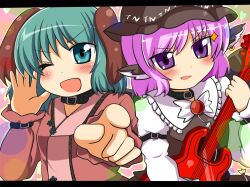  2girls animal_ears bad_id bad_pixiv_id choker choujuu_gigaku earrings electric_guitar green_eyes green_hair guitar hat instrument jewelry kasodani_kyouko letterboxed motsu_(selshia12) multiple_girls mystia_lorelei one_eye_closed open_mouth photoshop_(medium) pink_hair pointing purple_eyes short_hair single_earring sparkle touhou 