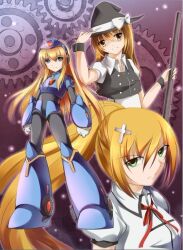  3girls angetsu_no_koshousha armor blonde_hair blue_eyes commentary_request cross cross_hair_ornament green_eyes hair_ornament hat highres kirisame_marisa long_hair looking_at_viewer md5_mismatch mega_man_(classic) mega_man_(series) megamari multiple_girls necktie ponytail resolution_mismatch rokkochan rokkochan_(game) rosenkreuzstilette source_smaller spiritia_rosenberg touhou trait_connection witch_hat yellow_eyes 