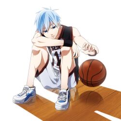  1boy ball basketball basketball_(object) blue_eyes blue_hair clothes_writing commentary_request kuroko_no_basuke kuroko_tetsuya male_focus nakamura_hiro_(nobody10ch) photoshop_(medium) shoes shorts sitting sneakers solo sportswear wristband 