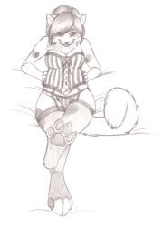  anthro basque clothed clothing corset domestic_cat felid feline felis female garter_straps hindpaw legwear leverpuller lingerie looking_at_viewer mammal monochrome panties paws pinup pose seductive skimpy solo stockings topwear underwear whiskers 