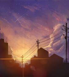  building city cloud comet commentary_request dusk jun_(goodgun7) lens_flare no_humans original outdoors photoshop_(medium) power_lines scenery shooting_star sky star_(sky) star_(symbol) sunset transformer utility_pole 