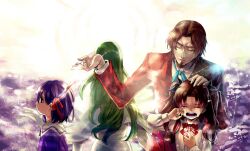  1021yu 1boy 3girls aged_down brown_hair commentary_request crying facial_hair family fate/zero fate_(series) father_and_daughter goatee green_hair hair_ribbon lolicon long_hair matou_sakura multiple_girls photoshop_(medium) purple_eyes purple_hair ribbon short_hair tears tohsaka_aoi tohsaka_rin tohsaka_tokiomi twintails 