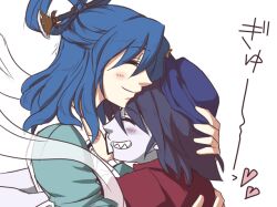  2girls ^_^ beret blue_hair blue_skin closed_eyes colored_skin commentary_request dress grin hair_ornament hair_rings hair_stick hat heart hug jiangshi kaku_seiga miyako_yoshika multiple_girls neko_majin outstretched_arms pale_skin profile sharp_teeth shawl short_hair simple_background smile star_(symbol) teeth touhou upper_body vest white_background zombie_pose 