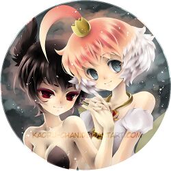  2girls ahiru_(princess_tutu) ahoge alexa_pasztor bad_id bad_pixiv_id ballerina black_hair blue_eyes breasts cleavage crown fingernails jewelry lowres medium_breasts multiple_girls necklace pink_hair princess_kraehe princess_tutu princess_tutu_(character) red_eyes rue_(princess_tutu) smile tutu watermark 