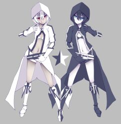  2girls :q bad_id bad_pixiv_id bikini bikini_top_only black_hair black_rock_shooter black_rock_shooter_(character) black_rock_shooter_(game) black_shorts black_vs_white blue_eyes boots coat full_body gloves hood hood_up hoodie midriff multiple_girls navel no_shirt red_eyes short_shorts shorts simple_background smile stomach swimsuit symmetry tongue tongue_out white_bikini white_hair white_rock_shooter white_shorts zen33n 