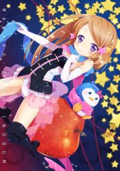  absurdres apple bad_id bad_pixiv_id bird boots brown_hair copyright_name female food fruit hair_ornament highres holding knee_boots leotard long_hair looking_at_viewer mawaru_penguindrum penguin penguin_3-gou photoshop_(medium) purple_eyes sakuro scarf smile star_(symbol) takakura_himari 