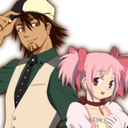  1boy brown_eyes brown_hair choker crossover female hat jewelry kaburagi_t_kotetsu kaname_madoka mahou_shoujo_madoka_magica necktie open_mouth pink_hair red_eyes ribbon short_hair tiger_&amp;_bunny vest 