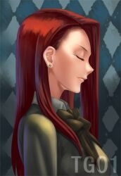  aged_down aozaki_touko bow closed_eyes commentary_request earrings female jewelry kara_no_kyoukai long_hair photoshop_(medium) profile red_hair solo tg01 