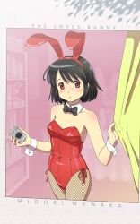  animal_ears black_hair breasts camera commentary_request curtain_grab curtains detached_collar female fishnet_pantyhose fishnets fukusuke_hachi-gou highres manaka_midori original pantyhose playboy_bunny rabbit_ears red_eyes short_hair small_breasts solo window wrist_cuffs 