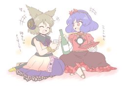  2girls ^_^ bottle brown_hair closed_eyes commentary_request cup earmuffs glass hair_ornament manaka_(pdx) multiple_girls open_mouth purple_hair red_eyes sakazuki sheath shirt short_hair sitting skirt sleeveless sleeveless_shirt smile sword symposium_of_post-mysticism touhou toyosatomimi_no_miko translation_request weapon yasaka_kanako 