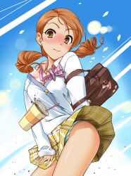  bag blush brown_eyes cardigan commentary_request drink female hojo_karen idolmaster idolmaster_cinderella_girls long_hair orange_hair panties plaid plaid_skirt school_bag school_uniform skirt solo striped_clothes striped_panties t-hiko twintails underwear wind wind_lift 