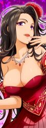  breasts brown_hair cleavage commentary_request female hair_ornament idolmaster idolmaster_cinderella_girls jewelry large_breasts necklace purple_eyes red_ballad_(idolmaster) shinmai_(kyata) solo takahashi_reiko 