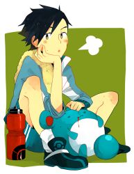  1boy alternate_costume bad_id bad_pixiv_id black_hair bleeding blood bottle ethan_(pokemon) exhausted green_background mangoshake marill pokemon pokemon_(creature) pokemon_hgss sitting yellow_eyes 