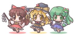  3girls blonde_hair braid brown_eyes brown_hair chibi commentary_request detached_sleeves dress frog_hair_ornament gohei green_eyes green_hair hair_ornament hakurei_reimu hat hat_ribbon holding kirisame_marisa kochiya_sanae long_hair multiple_girls onmitsu_doushin_a ribbon single_braid snake star_(symbol) touhou witch_hat yellow_eyes 