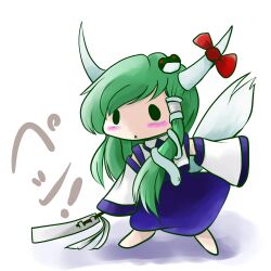  blush chibi commentary_request ex-keine female fusion green_hair kamishirasawa_keine kochiya_sanae long_hair solid_circle_eyes solo tail touhou yume_shokunin 