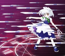  braid commentary_request danmaku female izayoi_sakuya knife maid photoshop_(medium) red_eyes roman_numeral solo touhou twin_braids yume_shokunin 