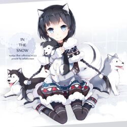  animal_ears bad_id bad_pixiv_id black_hair blue_eyes boots braid canine cat_ears dog_ears dog_tail female holding hug nyanya original pantyhose photoshop_(medium) short_hair sitting smile snow solo tail twin_braids wariza winter_clothes 