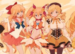  5girls aino_minako atori12 back_bow bad_id bad_pixiv_id bishoujo_senshi_sailor_moon blonde_hair blue_bow blue_eyes bow brooch choker color_connection crossover cure_peace cure_sunshine hair_color_connection half_updo hat heart heart_brooch heartcatch_precure! in-franchise_crossover jewelry kagamine_rin long_hair magical_girl mahou_shoujo_madoka_magica mahou_shoujo_madoka_magica_(anime) multiple_crossover multiple_girls myoudouin_itsuki orange_bow orange_choker orange_eyes orange_sailor_collar orange_skirt orange_theme out_of_frame photoshop_(medium) precure red_bow red_choker ribbon sailor_collar sailor_senshi_uniform sailor_venus skirt smile_precure star_(symbol) star_choker striped super_sailor_venus thighhighs tomoe_mami tomoe_mami_(magical_girl) trait_connection vertical_stripes vocaloid yayoi_kise yellow_bow yellow_eyes yellow_skirt 